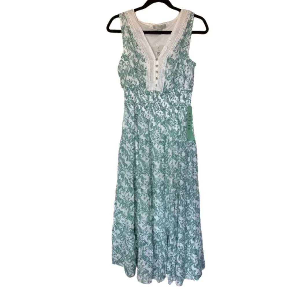 J Gee Sleeveless Maxi Sundress PM White Green Lace Trim NWT Petite Medium - Picture 3 of 8